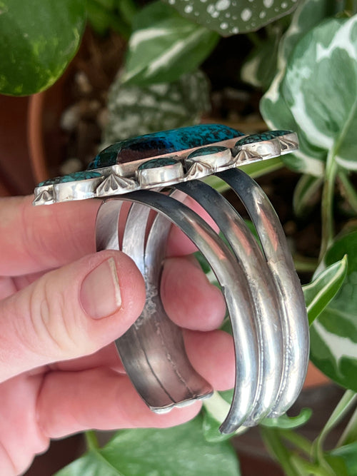 Handcrafted Sterling Silver, Hubei Turquoise and Chrysocolla Azurite Cuff Bracelet by Rosella Paxson /