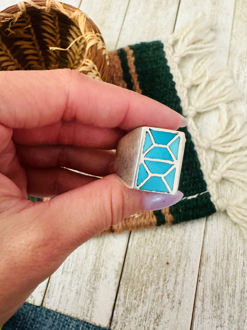Old Pawn Handcrafted Turquoise & Sterling Silver Inlay Ring Size 12.75
