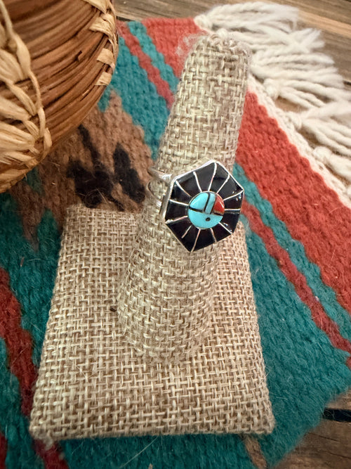 Old Pawn Handcrafted Turquoise, Onyx, Coral & Sterling Silver Inlay Sun Face Ring Size 8