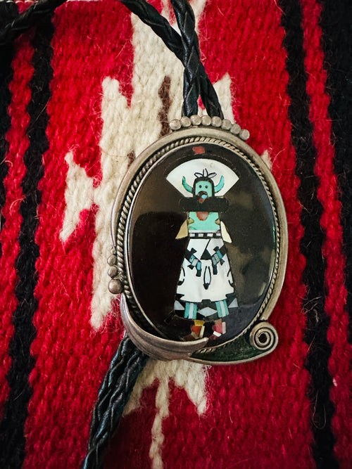 Vintage Old Pawn Sterling Silver & Multi Stone Inlay Bolo Tie