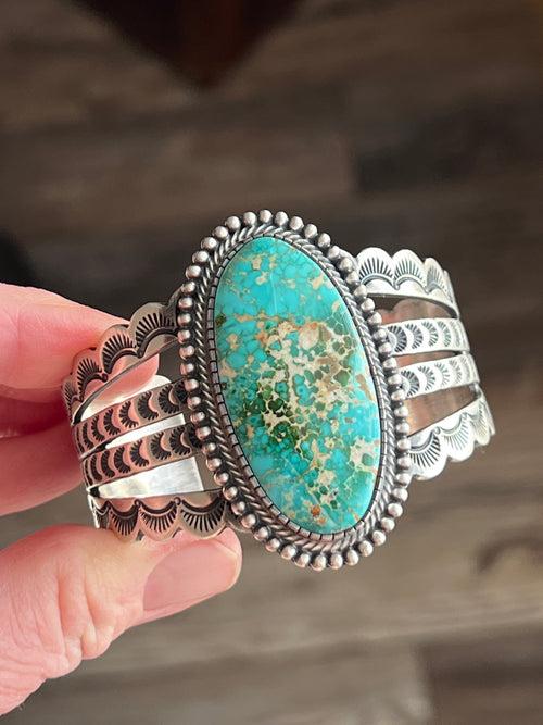Handcrafted and Hand Stamped Sterling Silver and Royston Turquoise Cuff Bracelet by Diane Wylie