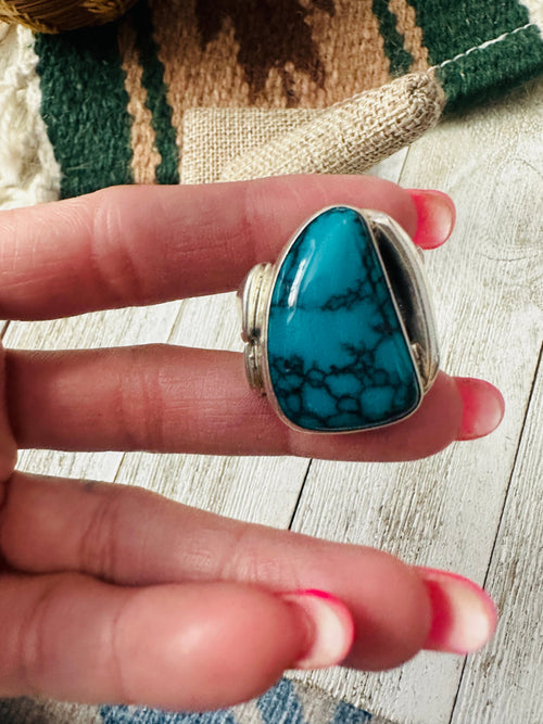 Handcrafted Old Pawn Turquoise and Sterling Silver Ring Size 11.5