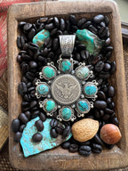 Rosella Paxson Hubei Turquoise and Barber Half Dollar Cluster Pendant