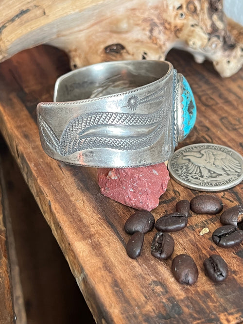 Hand Forged Old Pawn Sterling Silver Ingot Cuff Bracelet w/ Turquoise by Santa Fe Artist, Buffalo: The Spurs
