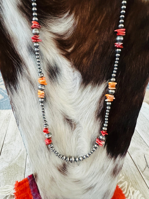 Handcrafted Sterling Silver & Spiny Oyster Beaded 24” Necklaces