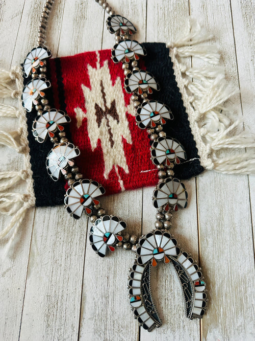 Vintage Old Pawn Sunface Multi Stone & Sterling Silver Beaded Squash Blossom Necklace