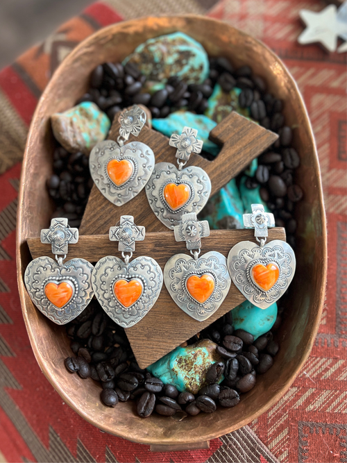 Apache Sterling Silver and Orange Spiny Oyster Shell Hand Stamped Heart Earrings by Rosella Paxson