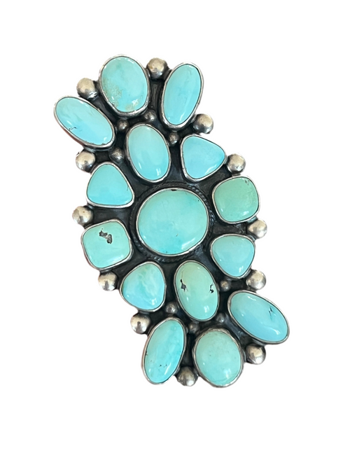 Old Pawn Navajo Sterling Silver and Dry Creek Turquoise Cluster Ring by Verdy Jake, Adjustable