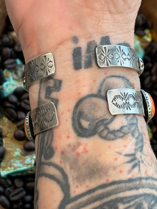 Apache Sterling Silver and Orange Spiny Oyster Shell Cuff Bracelet by Rosella Paxson