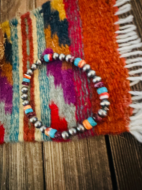 Handcrafed Turquoise, Spiny & Sterling Silver Pearl Beaded Stretch Bracelet