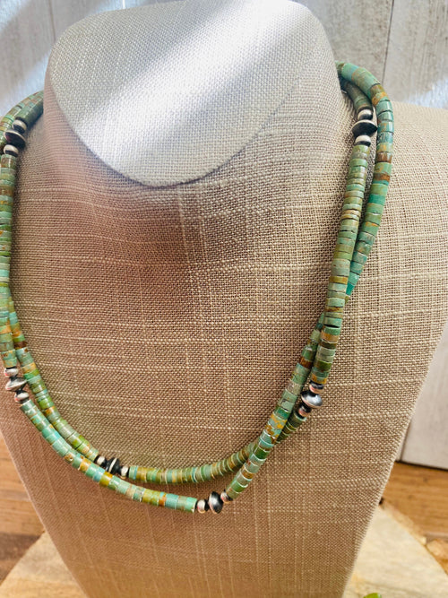 Handcrafted Turquoise & Sterling Silver Pearl Beaded Necklace 40 inch