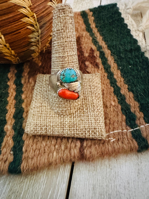 Old Pawn Handcrafted Turquoise, Coral & Sterling Silver Ring Size 11.75