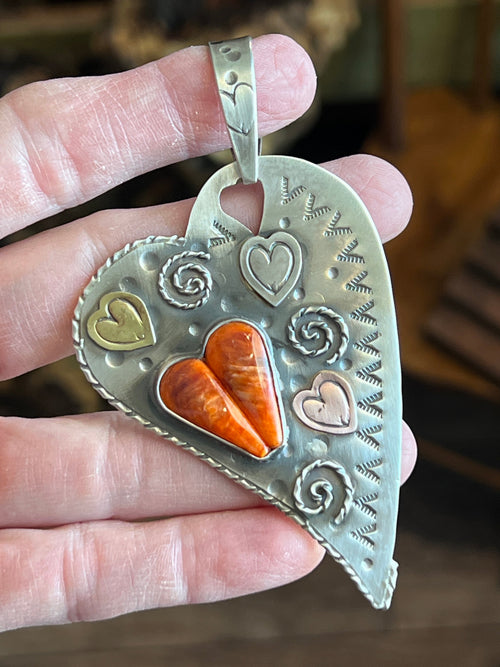 Kimari Somers Hand Stamped Sterling Silver, Brass, Copper & Spiny Oyster ‘Triple Shot’ Pendant