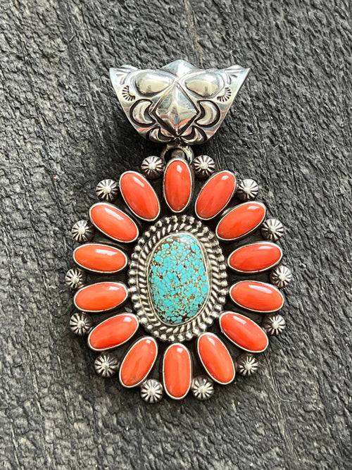 Navajo Sterling Silver, Mediterranean Coral and Spiderweb Turquoise Pendant by Tyler Brown