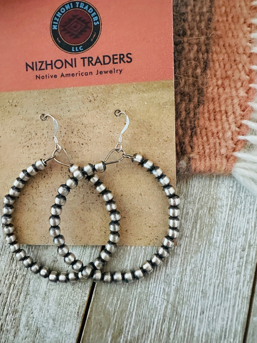 Navajo Sterling Silver Pearl Beaded Dangle Hoop Earrings