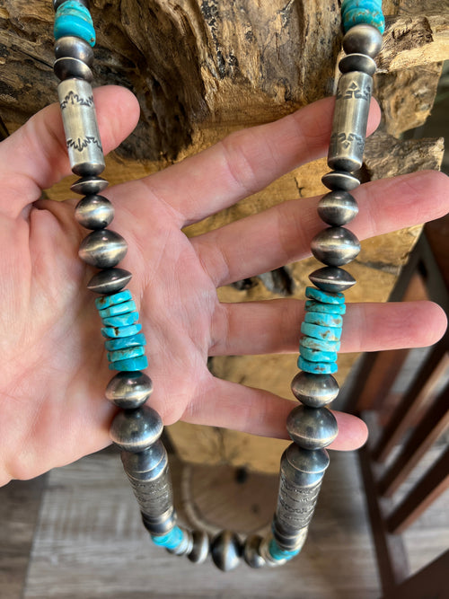 Navajo Sterling Silver and Kingman Turquoise Handmade Beaded Necklace by Rose Martin, 34 Inches