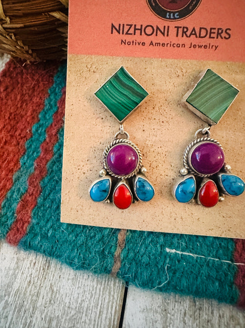 Old Pawn Navajo Sterling Silver & Multi Stone Dangle Earrings