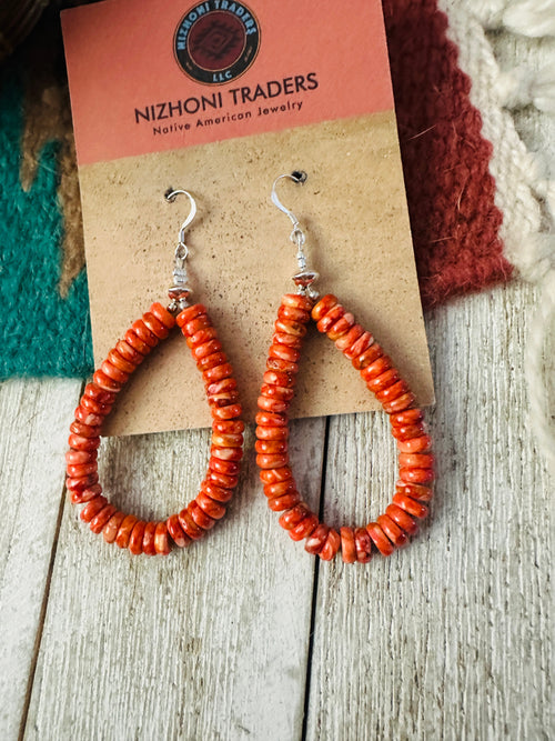 Handcrafted Orange Spiny & Sterling Silver Beaded Dangle Hoop Earrings