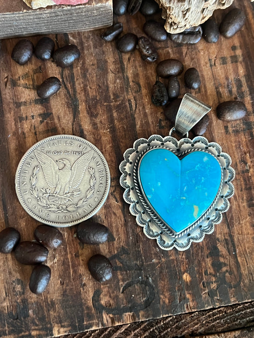 Hand Stamped Sterling Silver & Kingman Turquoise Heart Pendant by June Delgarito