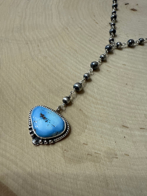 Handmade Sterling Silver Golden Hills Turquoise Beaded Lariat Cross Necklace