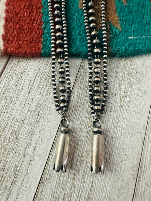 Navajo Turquoise & Sterling Silver Pearl Beaded Blossom Dangle Earrings