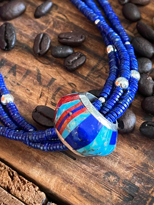 Daniel Coriz Triple Strand Lapis Beaded Necklace w/ Removable Sterling Silver & Stone Inlay Bead