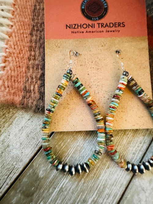 Navajo Turquoise, Spiny & Sterling Silver Beaded Teardrop Hoop Earrings