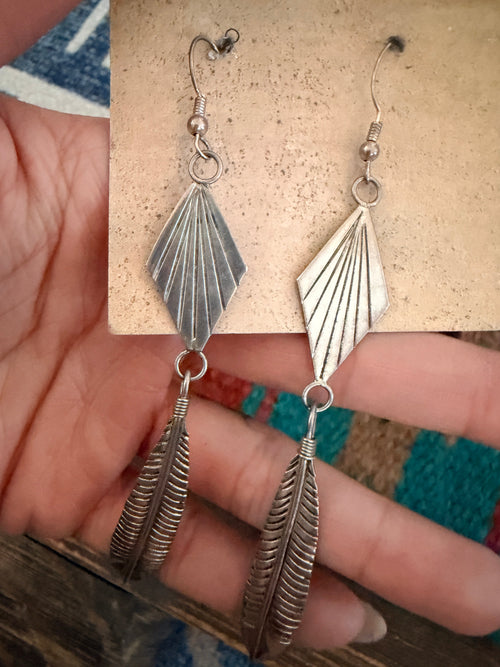 Handcrafted Old Pawn Sterling Silver Feather Dangle Earrings