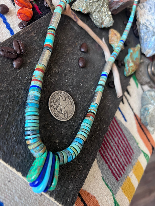 Ronald Chavez Handcrafted Sterling Silver & Multistone Heishi Beaded Santo Domingo Necklace with Tabs
