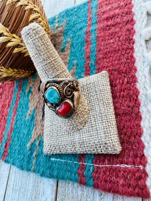 Old Pawn Handcrafted Turquoise, Coral & 14K Gold Overlay Sterling Silver Ring Size 10