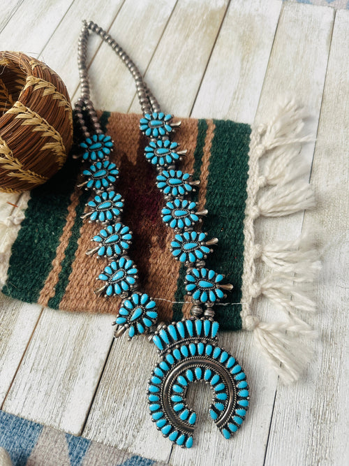 Vintage Old Pawn Navajo Turquoise & Sterling Silver Beaded Squash Blossom Necklace