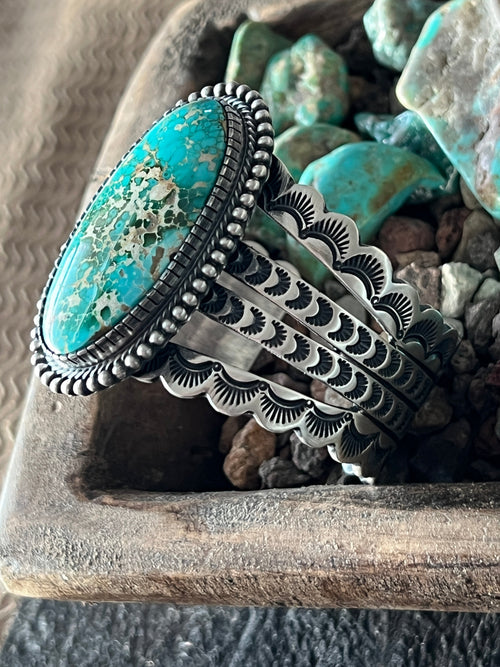 Handcrafted and Hand Stamped Sterling Silver and Royston Turquoise Cuff Bracelet by Diane Wylie