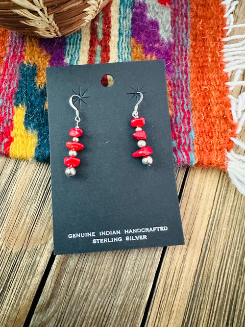 Handcrafted Apple Coral & Sterling Silver Beaded Dangle Earrings