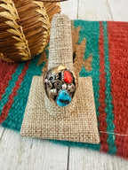 Old Pawn Navajo Sterling Silver with Gold Overlay, Turquoise & Coral Ring Size 10.75