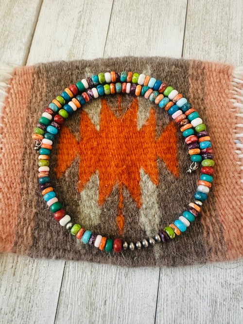Navajo Multi Stone & Sterling Silver Beaded Wrap Choker Necklace