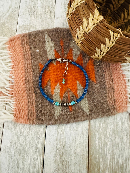 Navajo Sterling Silver Pearl, Lapis & Turquoise Beaded Bracelet