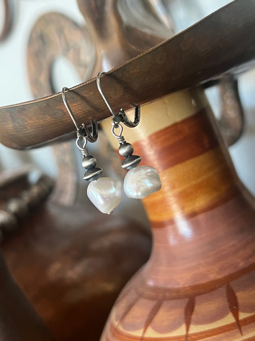 Navajo Made Summer Lovin’ Sterling Silver and Freshwater Pearl Bead Drop Earrings, Leverback