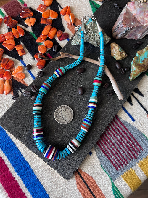 Ronald Chavez Handcrafted Turquoise Heishi Beaded Santo Domingo Necklace with Layered Barrel Bead Accents