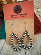 Navajo Sterling Silver Pearl Beaded Dangle Hoop Earrings
