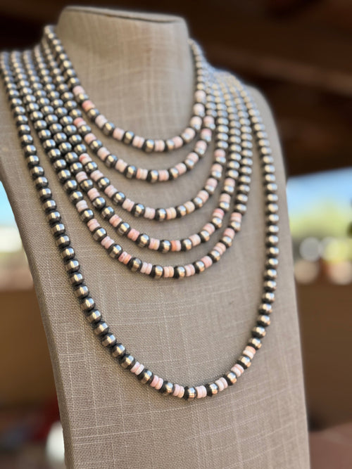 Handcrafted Sterling Silver Pearl & Queen Pink Conch Beaded Necklace 8mm