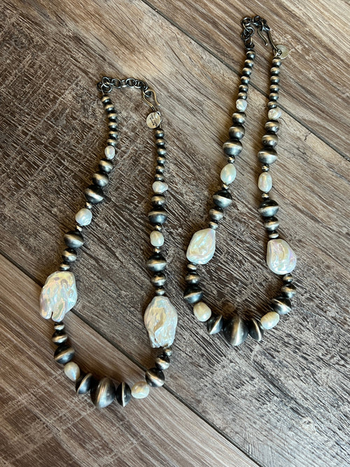 Navajo Sterling Silver and Freshwater Pearl Handmade Beaded Necklace by Rose Martin, 16 Inches