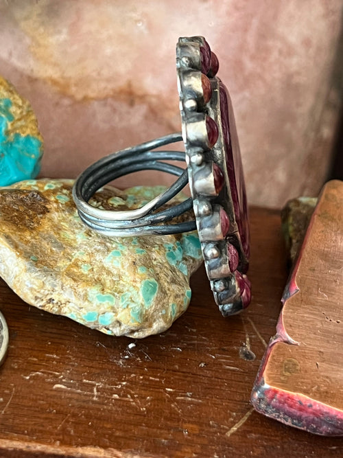 Old Pawn Navajo Sterling Silver and Purple Spiny Oyster Cluster Ring by Anthony Skeets, Size 10