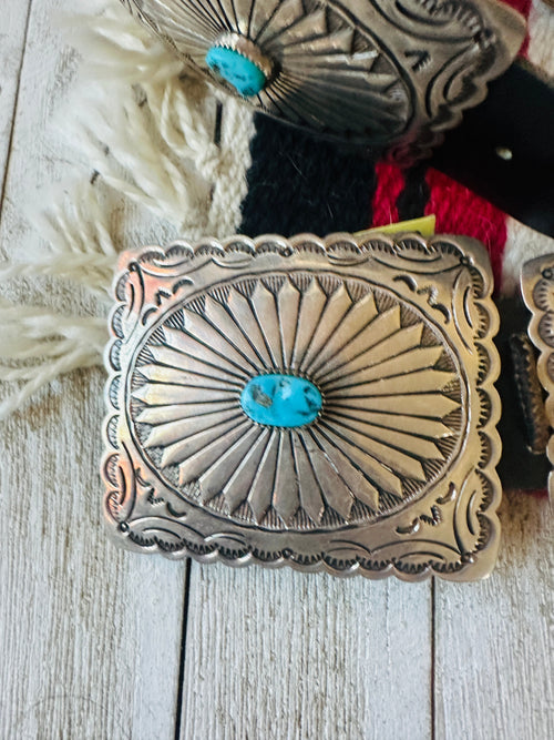 Vintage Black Leather And Sterling Silver Turquoise Concho Belt by Tim Guerro