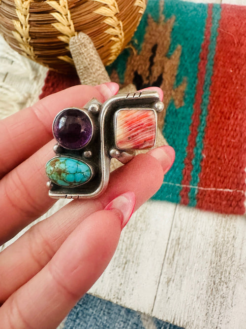 Handcrafted Old Pawn Sterling Silver, Turquoise, Spiny & Amethyst Adjustable Ring