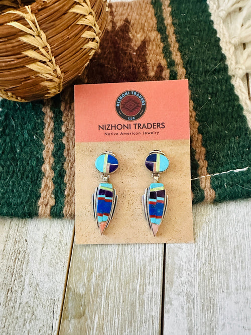 Old Pawn Navajo Sterling Silver & Multi Stone Inlay Dangle Earrings
