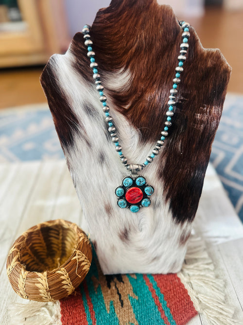 Handcrafted Turquoise, Spiny & Sterling Silver Pearl Beaded Flower Necklace 18"