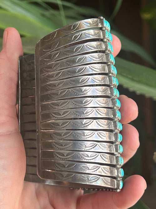 Handcrafted Stunning Old Pawn 15 Row Sterling Silver & Turquoise Gauntlet Style Cuff Bracelet by Clark Couyancy /