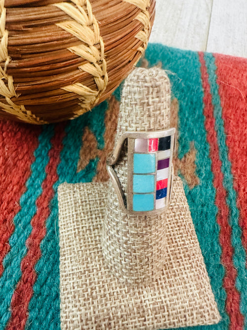 Old Pawn Navajo Sterling Silver & Multi Stone Inlay Ring Size 6