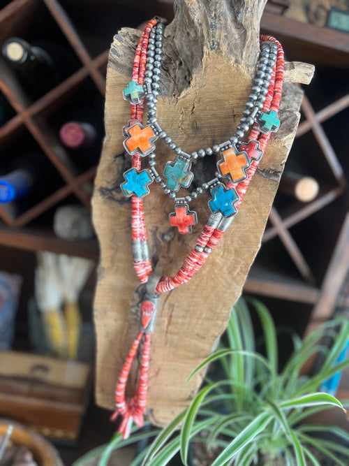 Santo Domingo (Kewa) Sterling Silver and Red Spiny Oyster Shell Jacla Bead Necklace by Daniel Coriz