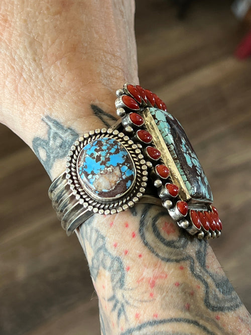 Navajo Sterling Silver, Mediterranean Coral & Golden Hills Turquoise Cuff Bracelet by Tyler Brown
